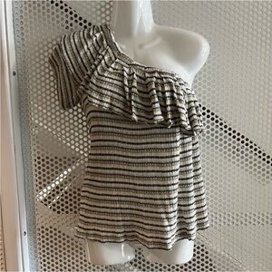 Lucky Brand One-Shoulder Ruffle Top Size Small in Cream with Stripes